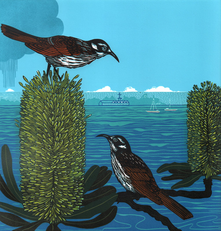 Foreshore view of bay with birds and banksias. Available at PG Gallery & Queenscliff Gallery