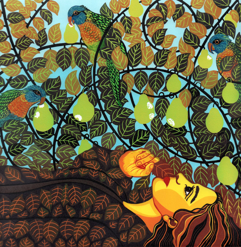 Reduction linocut of woman relaxing under a pear tree enjoying the sight of rainbow lorikeets feasting on the pears