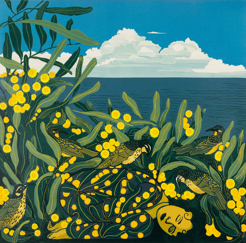 Foreshore bay view with wattle and woman wrapped in wattle. Available at Queenscliff Gallery & PG Gallery